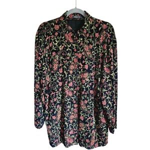 Vikki Vi 1X Black Button Front Tunic Cover Up Jacket Floral‎ Mandarin Collar